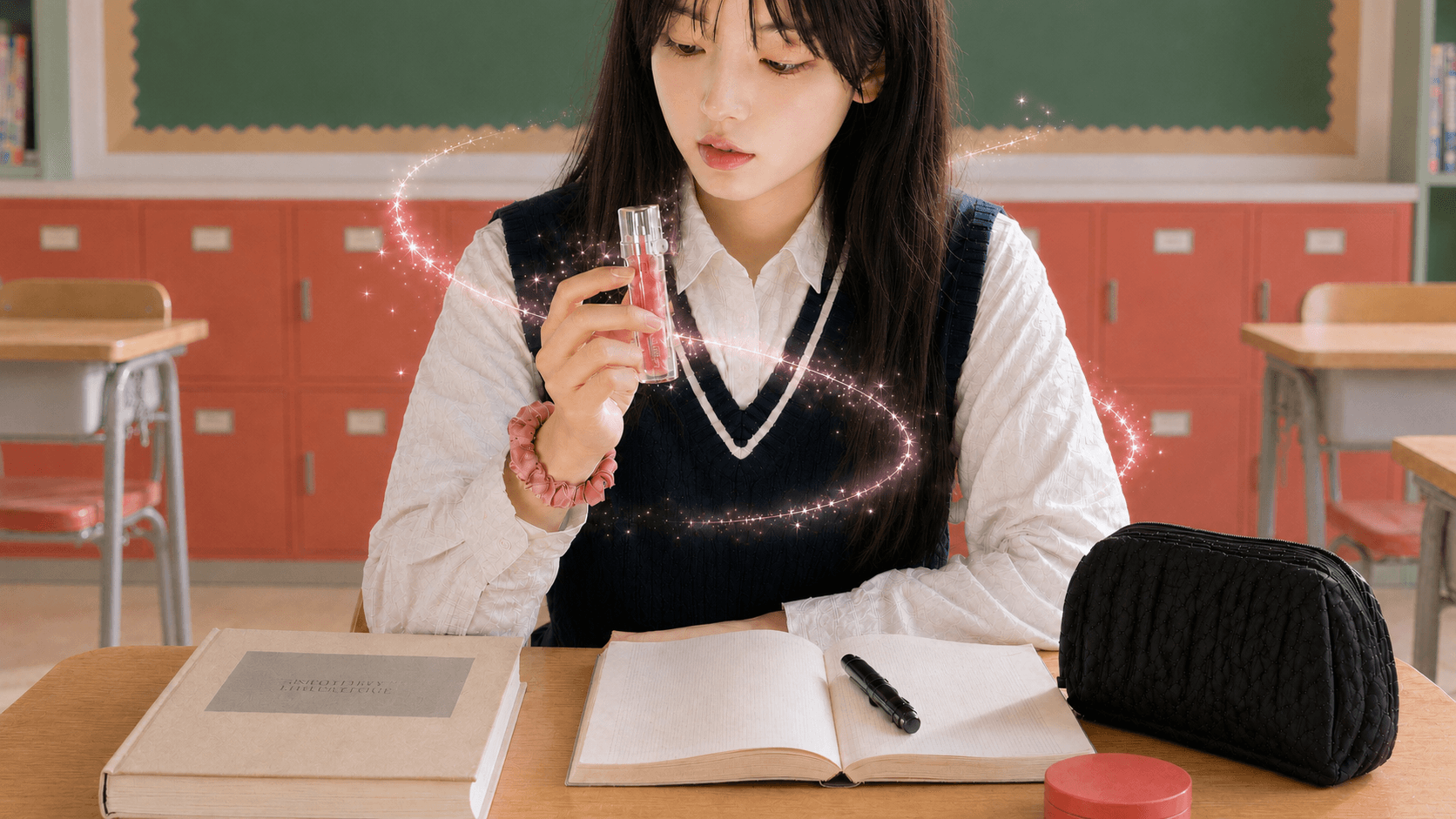 A student at her desk holding a pink lip tint as a sparkling trail circles her.