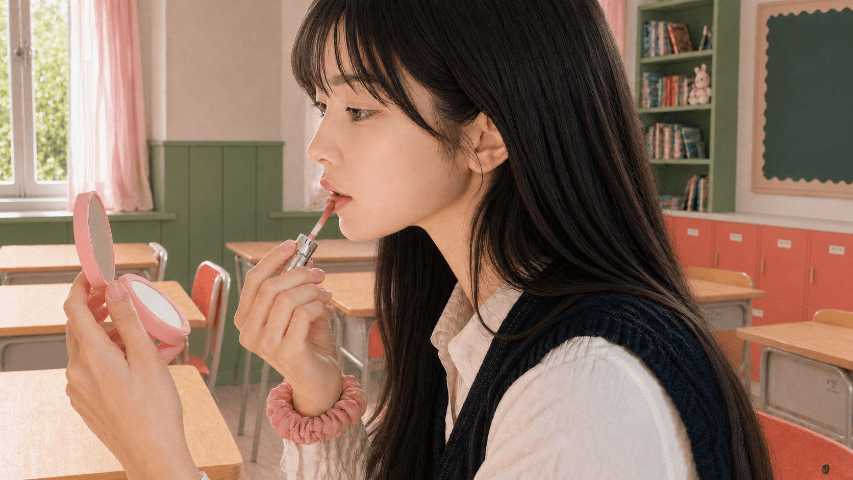 A student applying lip tint while looking into a small pink mirror.