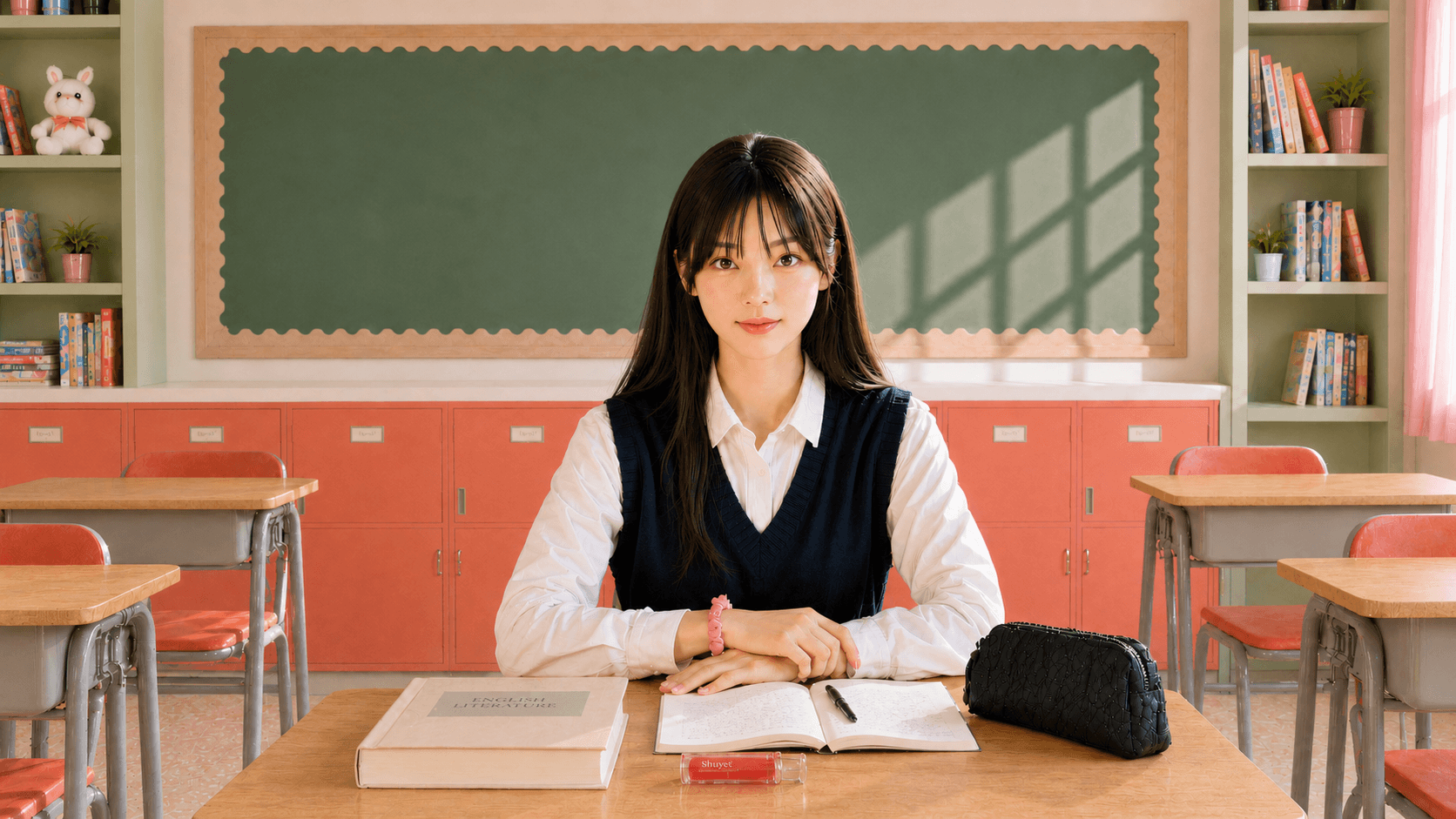 A student sitting centred at her desk in the classroom, facing the camera.