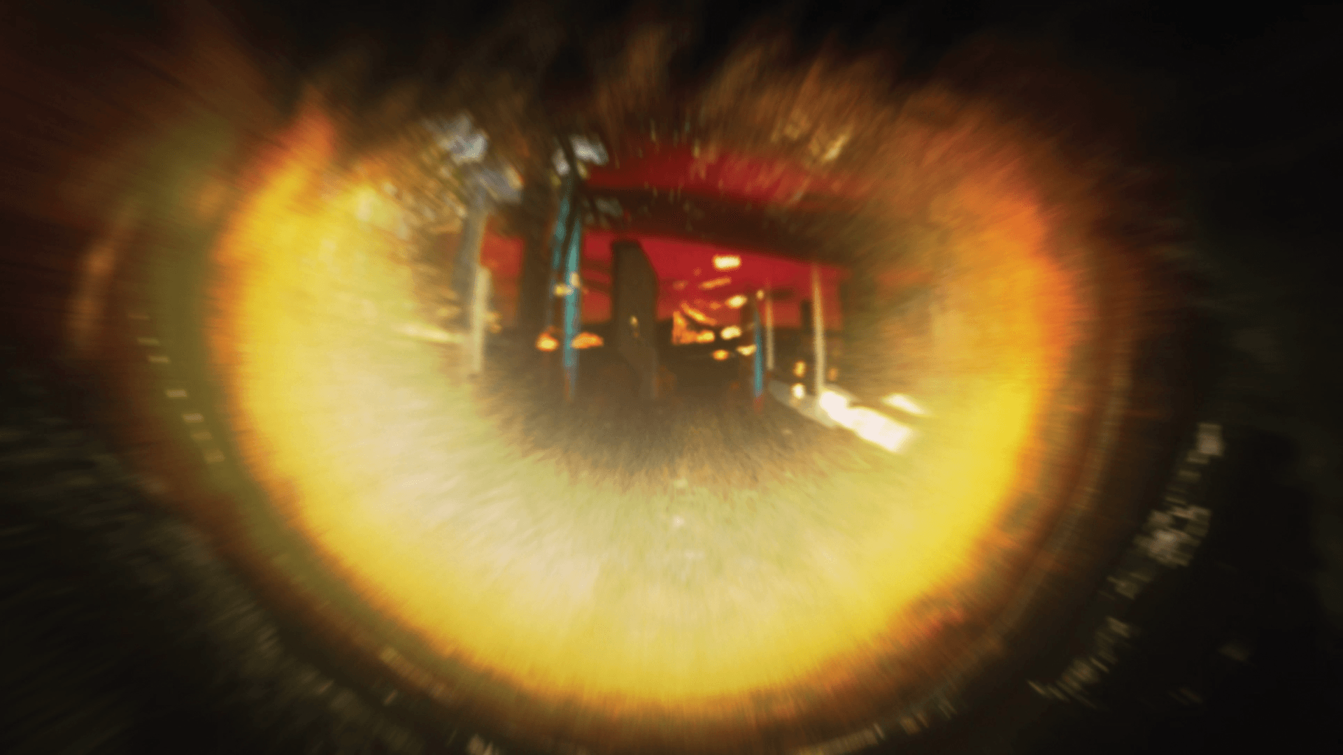 Close-up of a glowing amber eye reflecting a city.