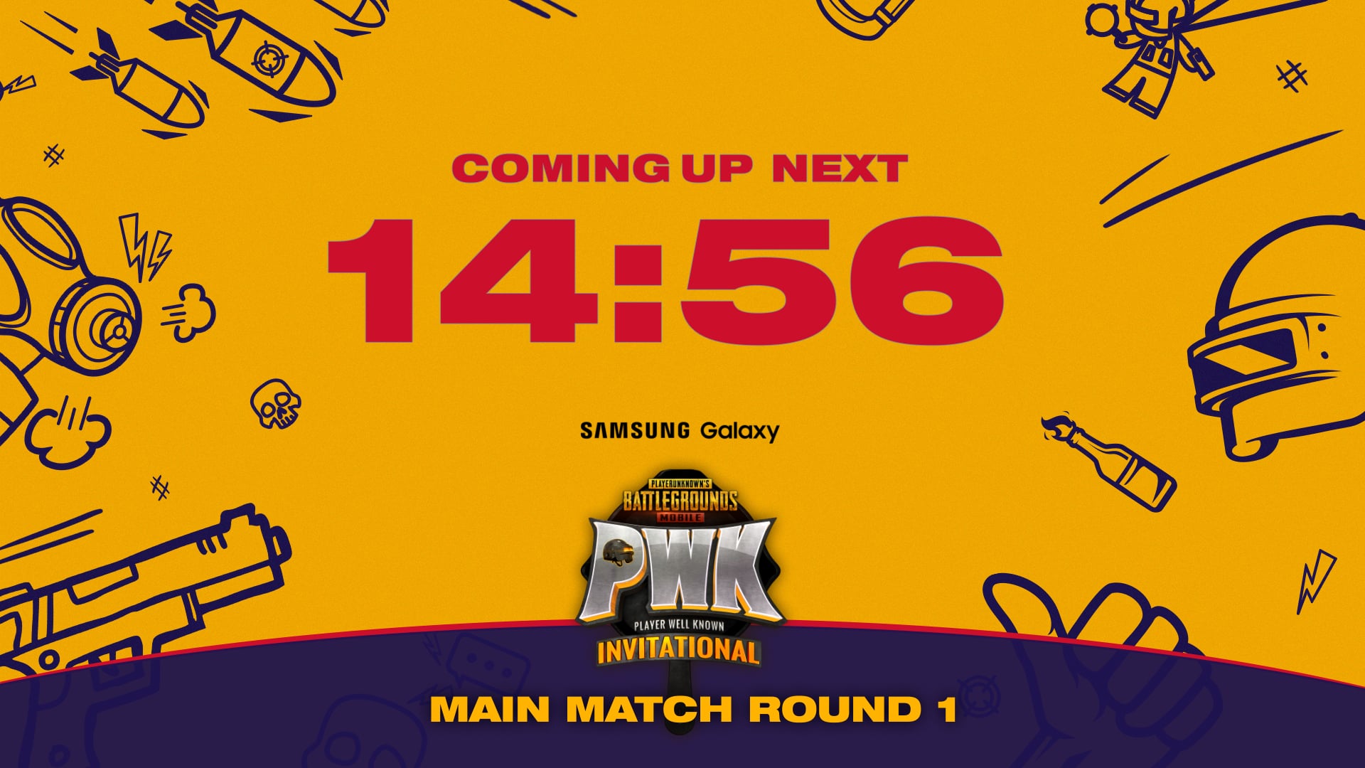 Yellow “Coming up next” countdown screen with the PWK emblem and the main match round title.