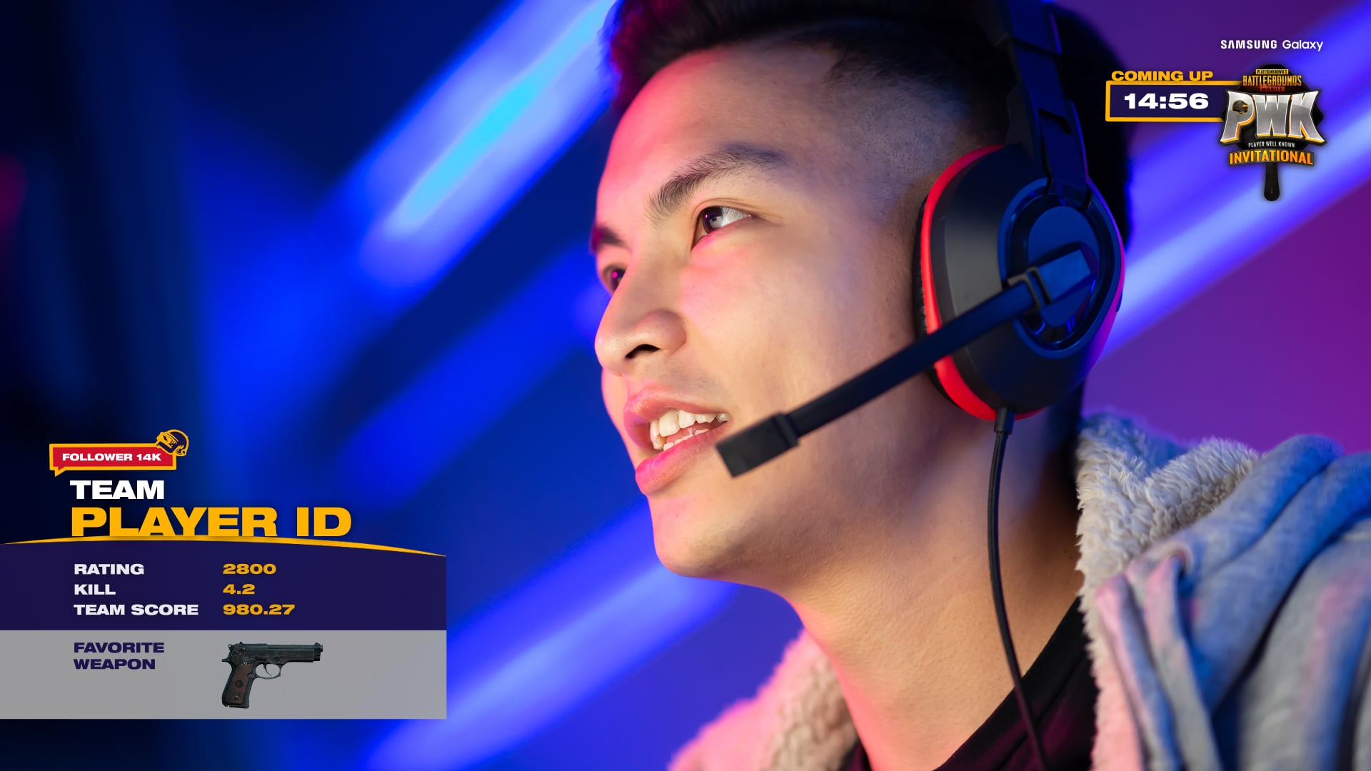 Player data overlay with rating, kills, team score and favourite weapon beside a player in a headset.