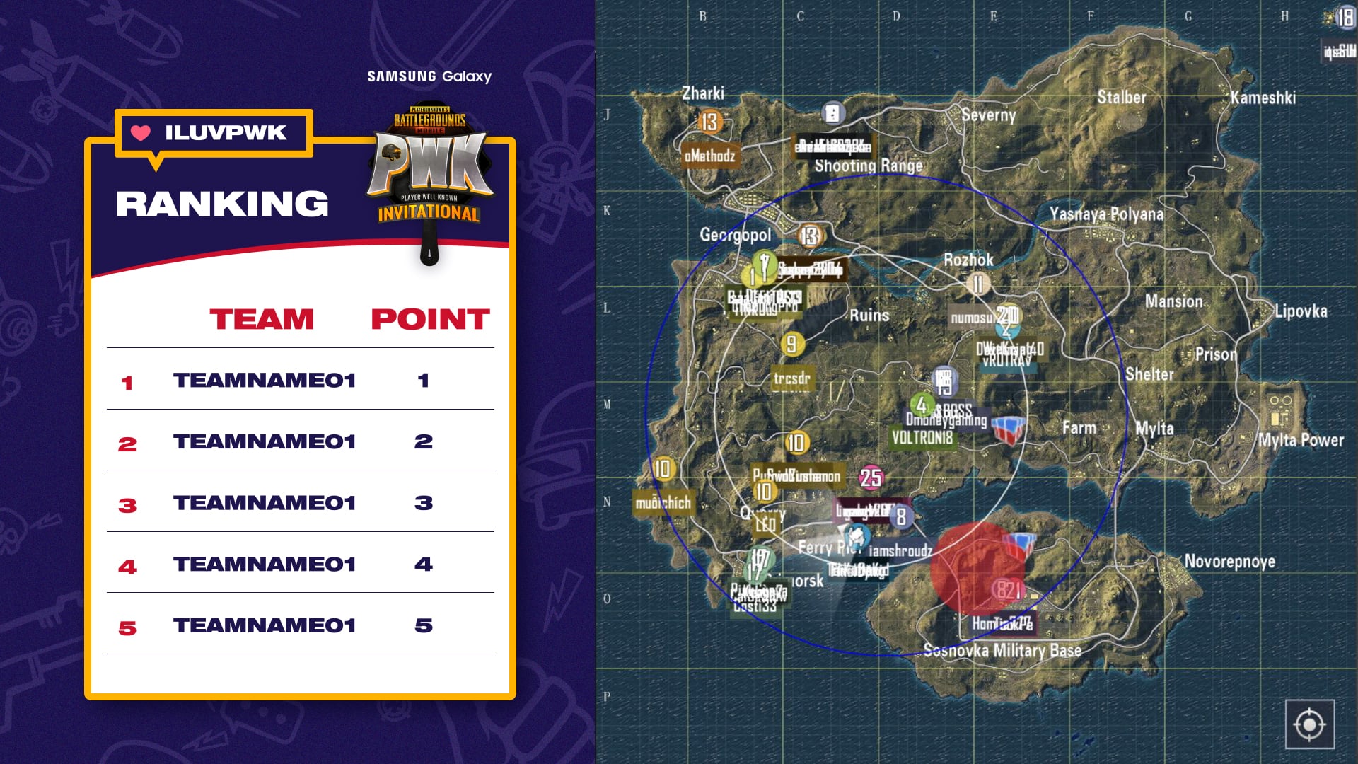 Match ranking graphic listing teams and points beside the in-game map.