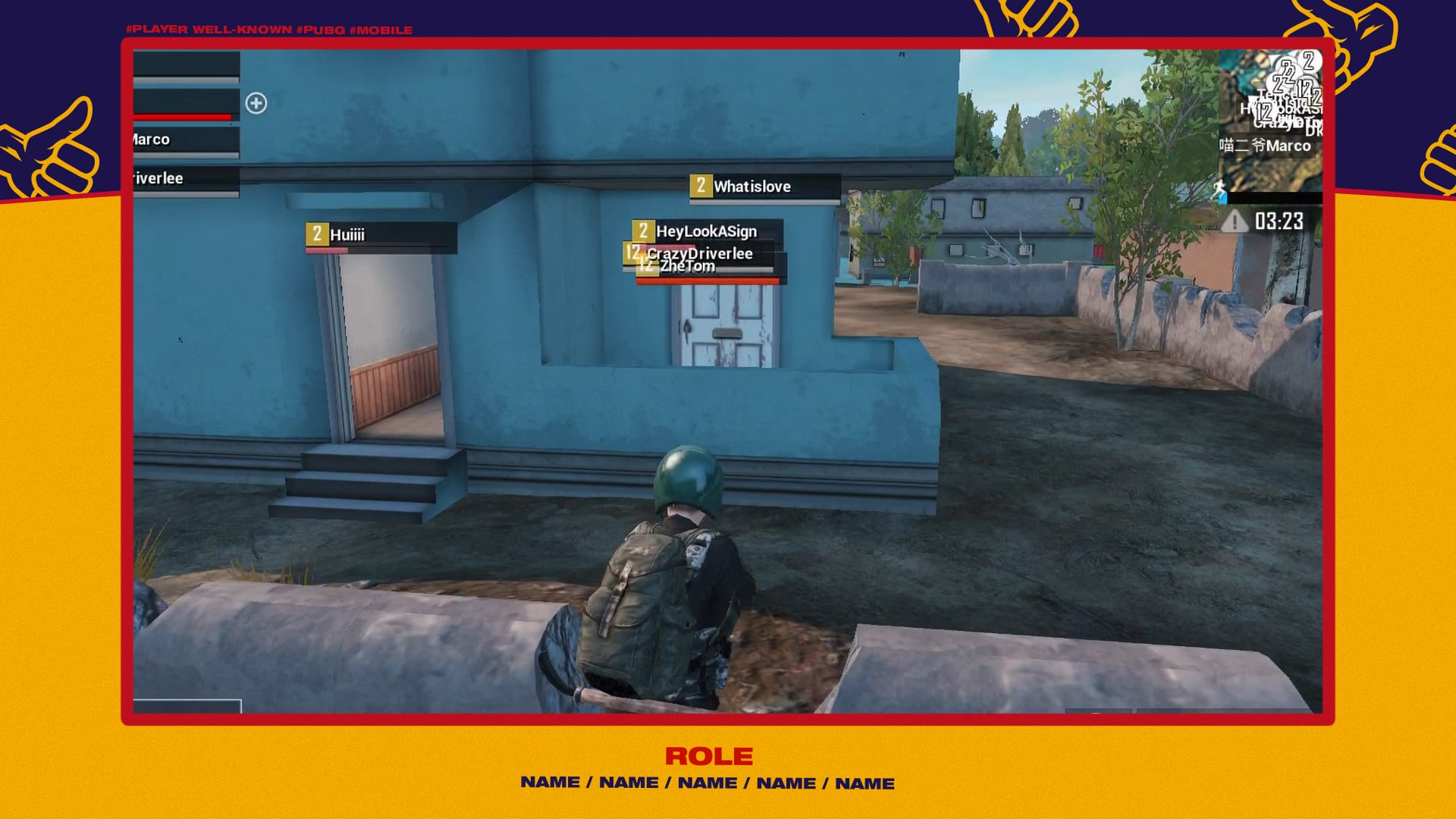Staff credits frame: in-game footage framed in red, with role and names below.