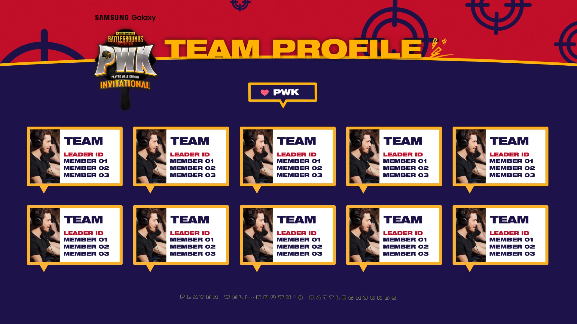 Team profile broadcast graphic: a grid of team cards with leader and member names on navy.
