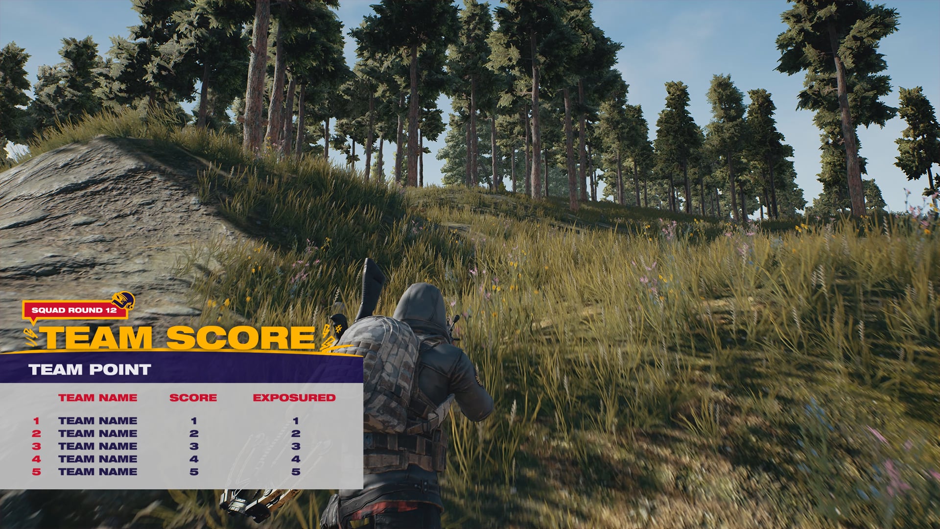 Team score strap with team names, scores and eliminations over in-game footage.
