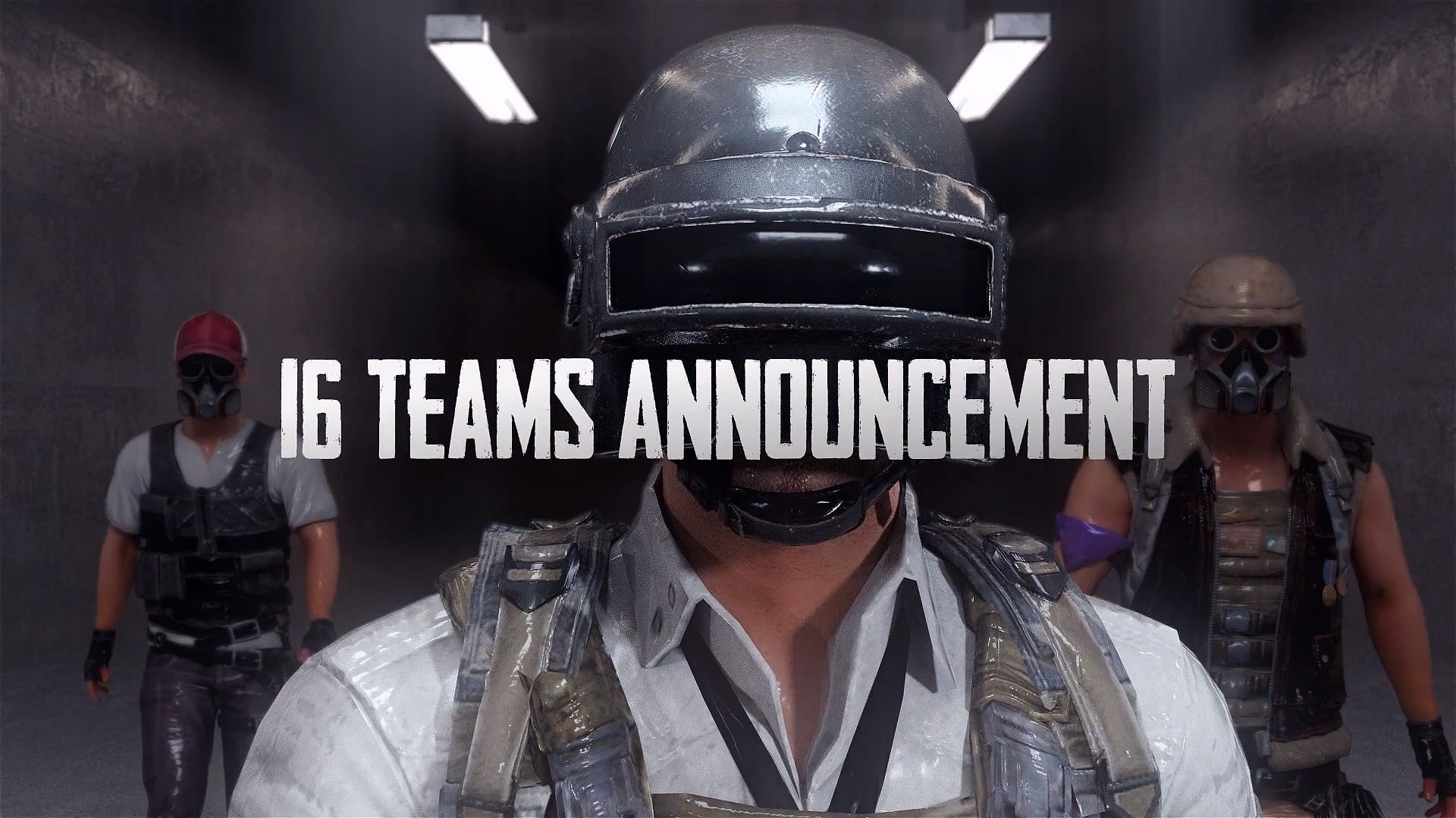 “16 Teams Announcement” title over a PUBG character in a helmet.
