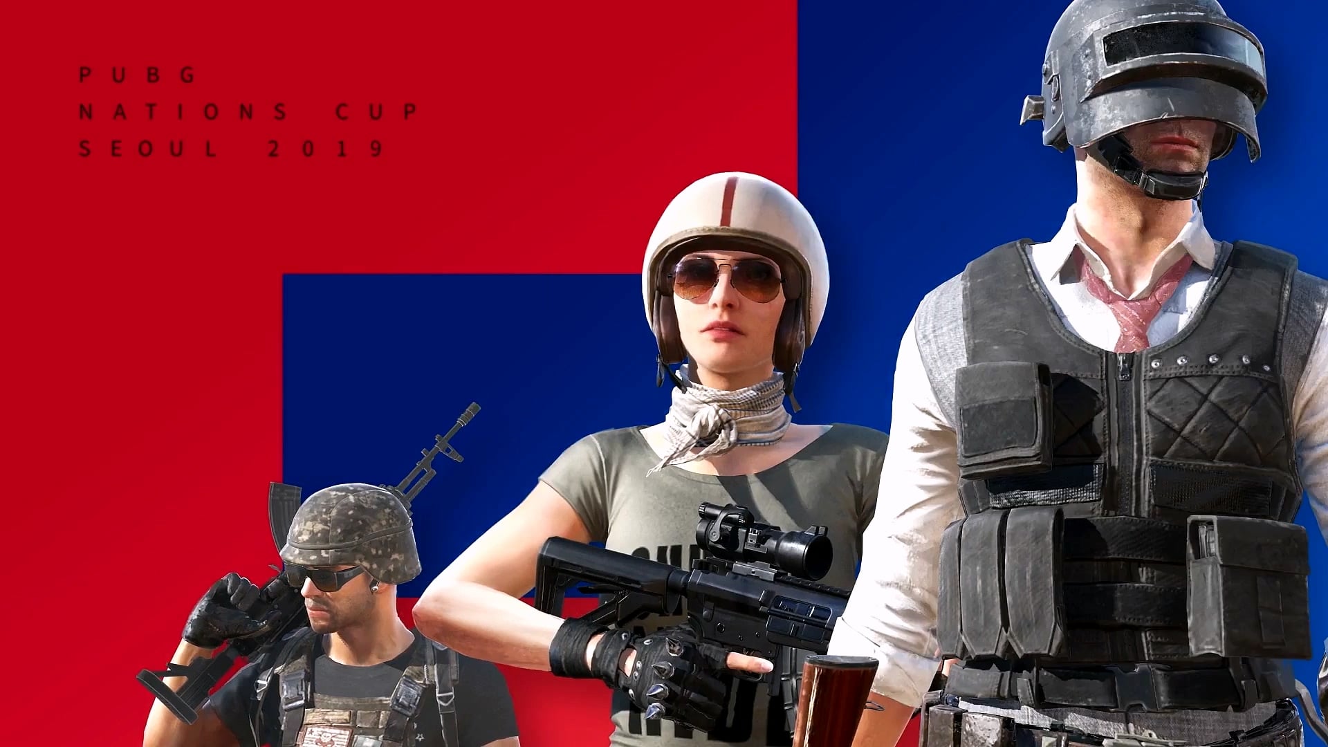 PUBG characters in front of a red and blue flag graphic.