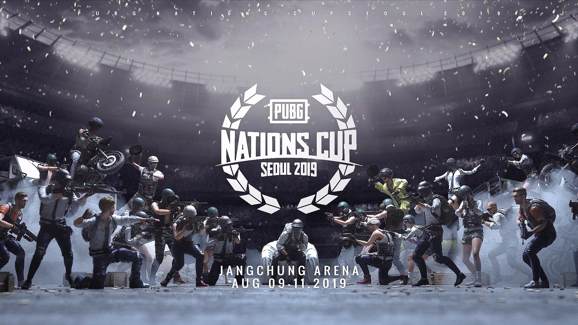 The PUBG Nations Cup Seoul 2019 emblem above a crowd of PUBG characters in an arena, with the Jangchung Arena dates.