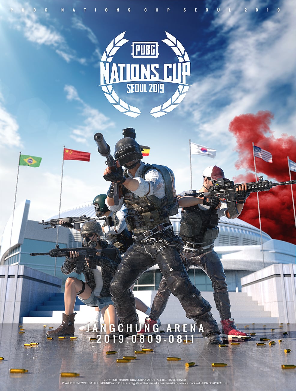 Key visual: armed PUBG characters in front of Jangchung Arena under national flags and red smoke, with the PUBG Nations Cup Seoul 2019 emblem.
