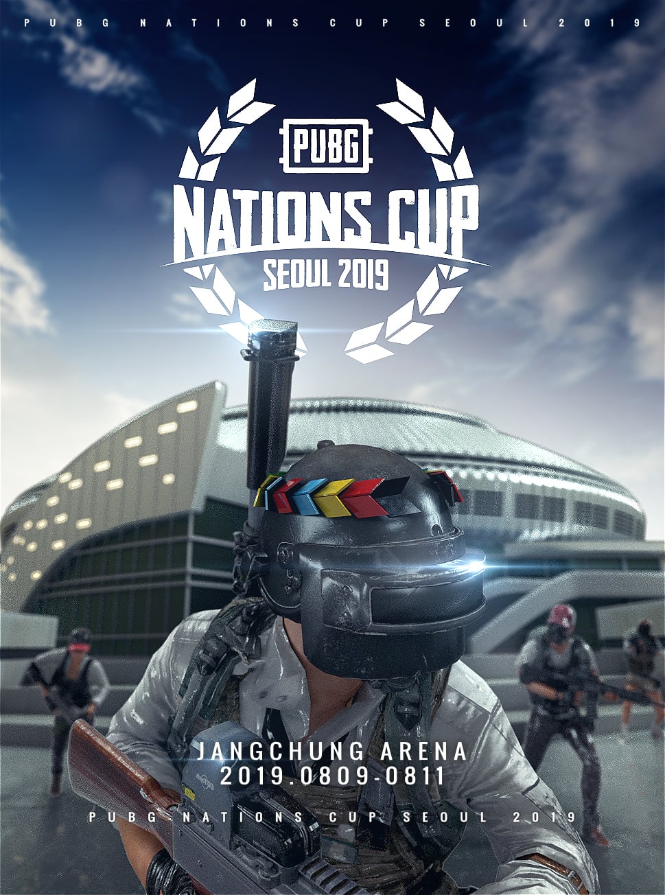 Key visual: a PUBG character in a helmet striped in national colours in front of Jangchung Arena, beneath the PUBG Nations Cup Seoul 2019 emblem.