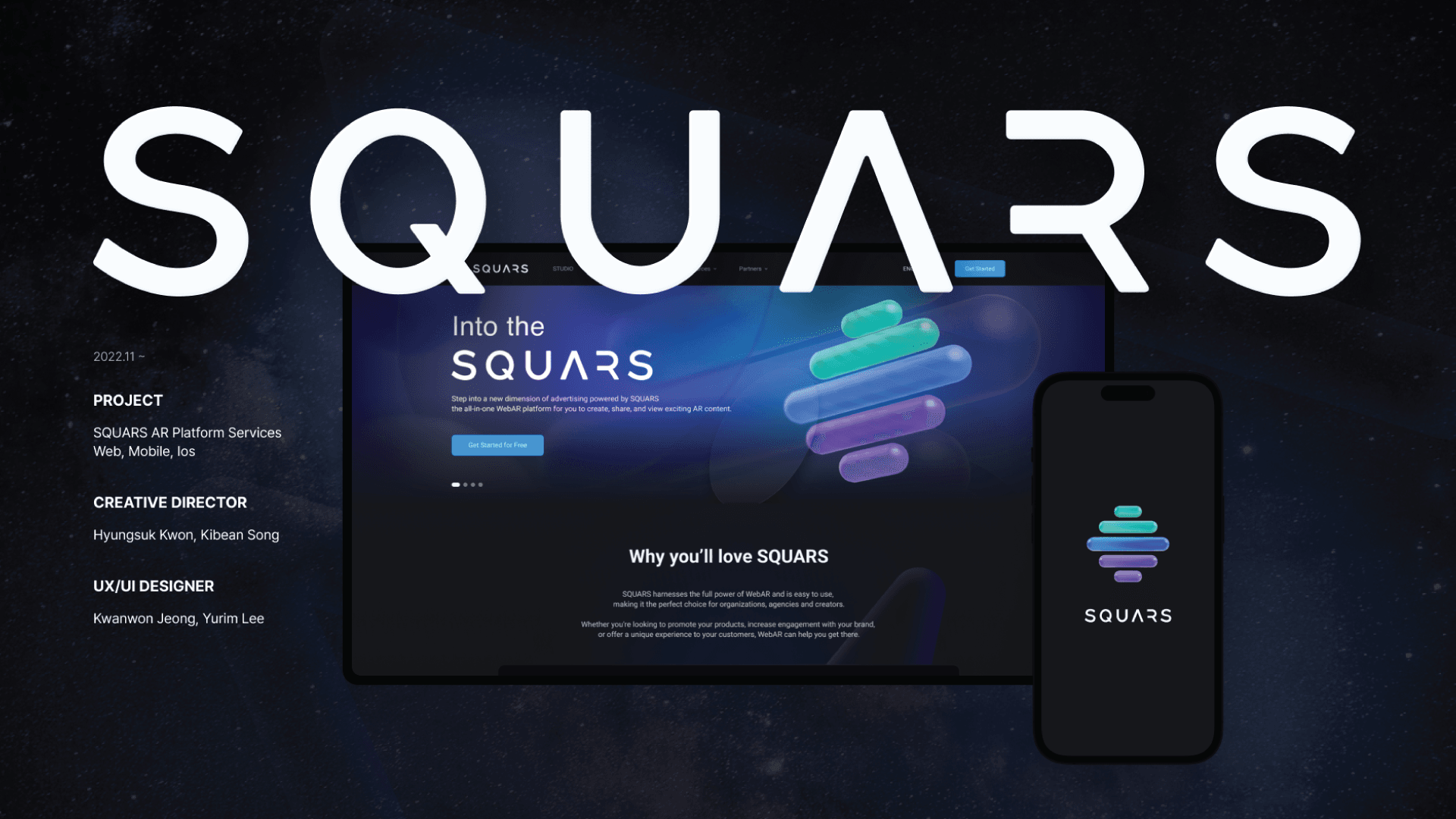 SQUARS brand visual featuring the SQUARS wordmark, the platform website on a laptop and the app icon on a phone.