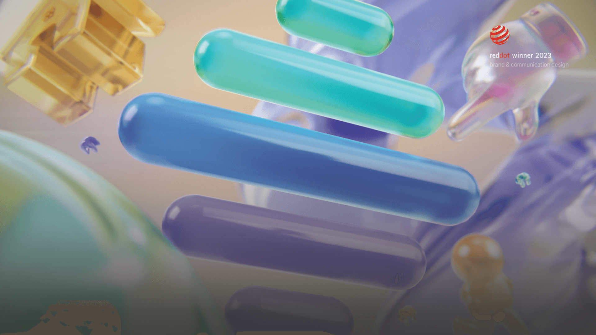 Translucent 3D capsules and objects in the SQUARS colour palette.