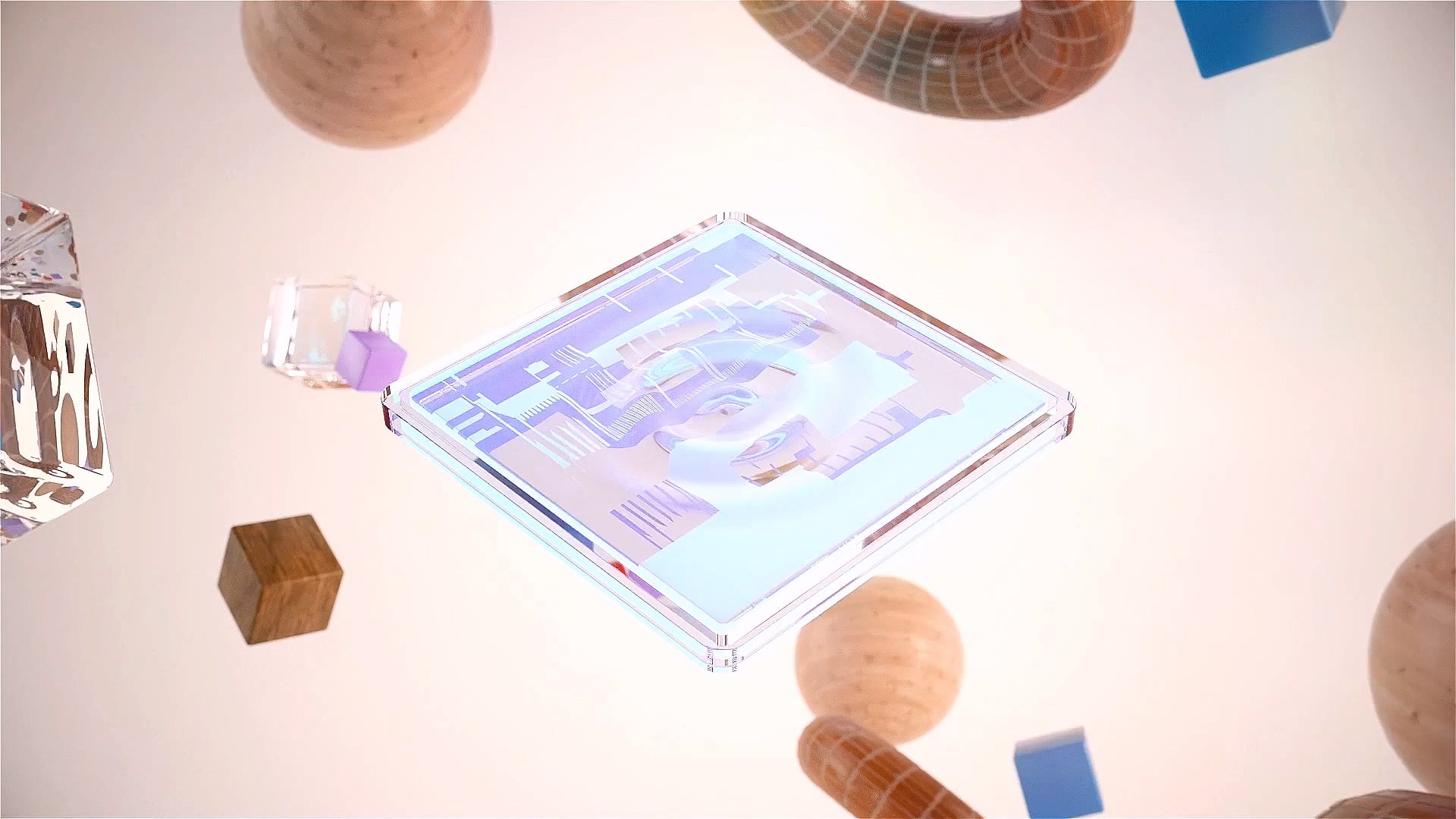 A translucent square tile floating among wooden spheres and small cubes.
