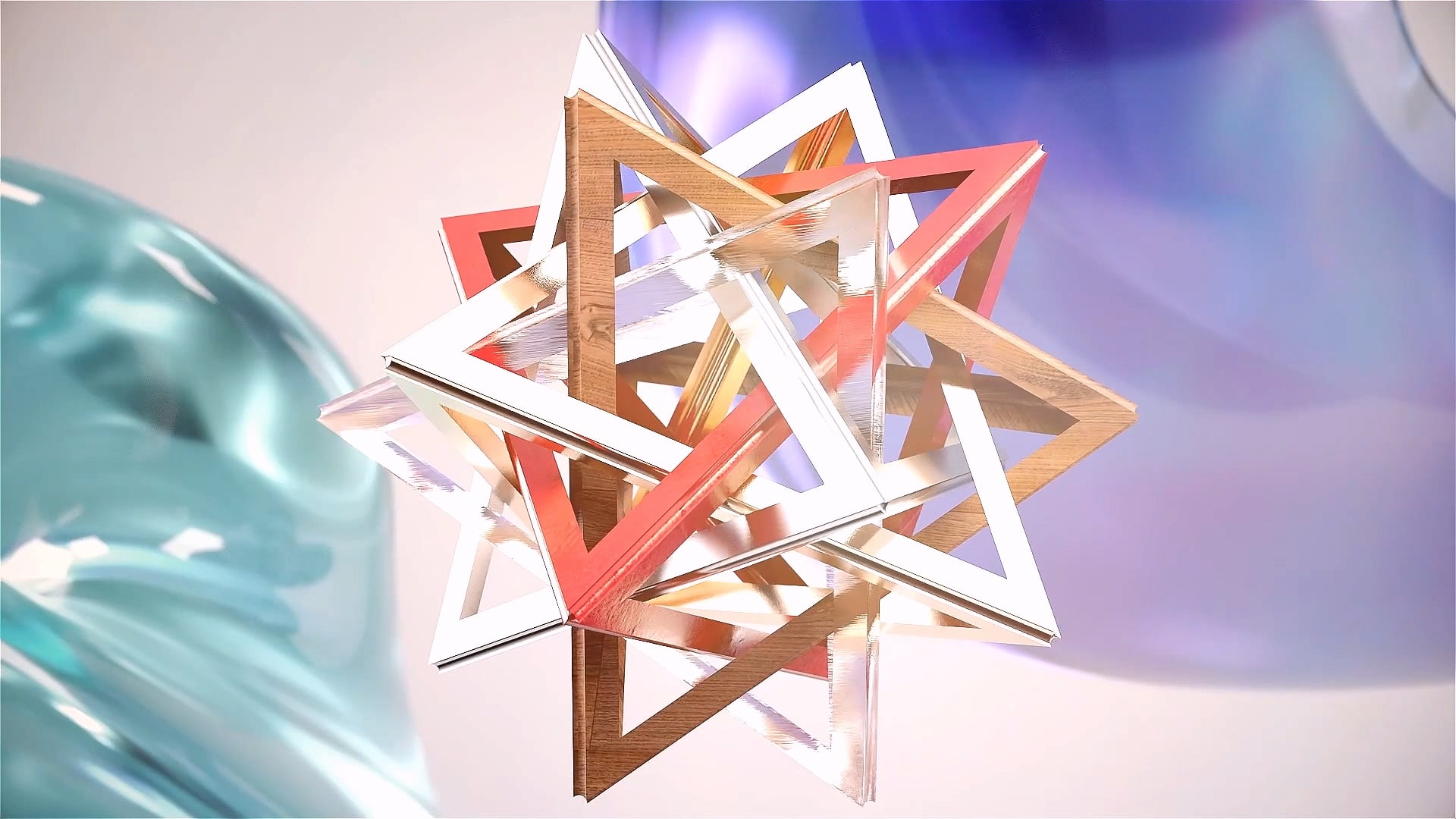 An interlocking star of copper and coral triangular frames.