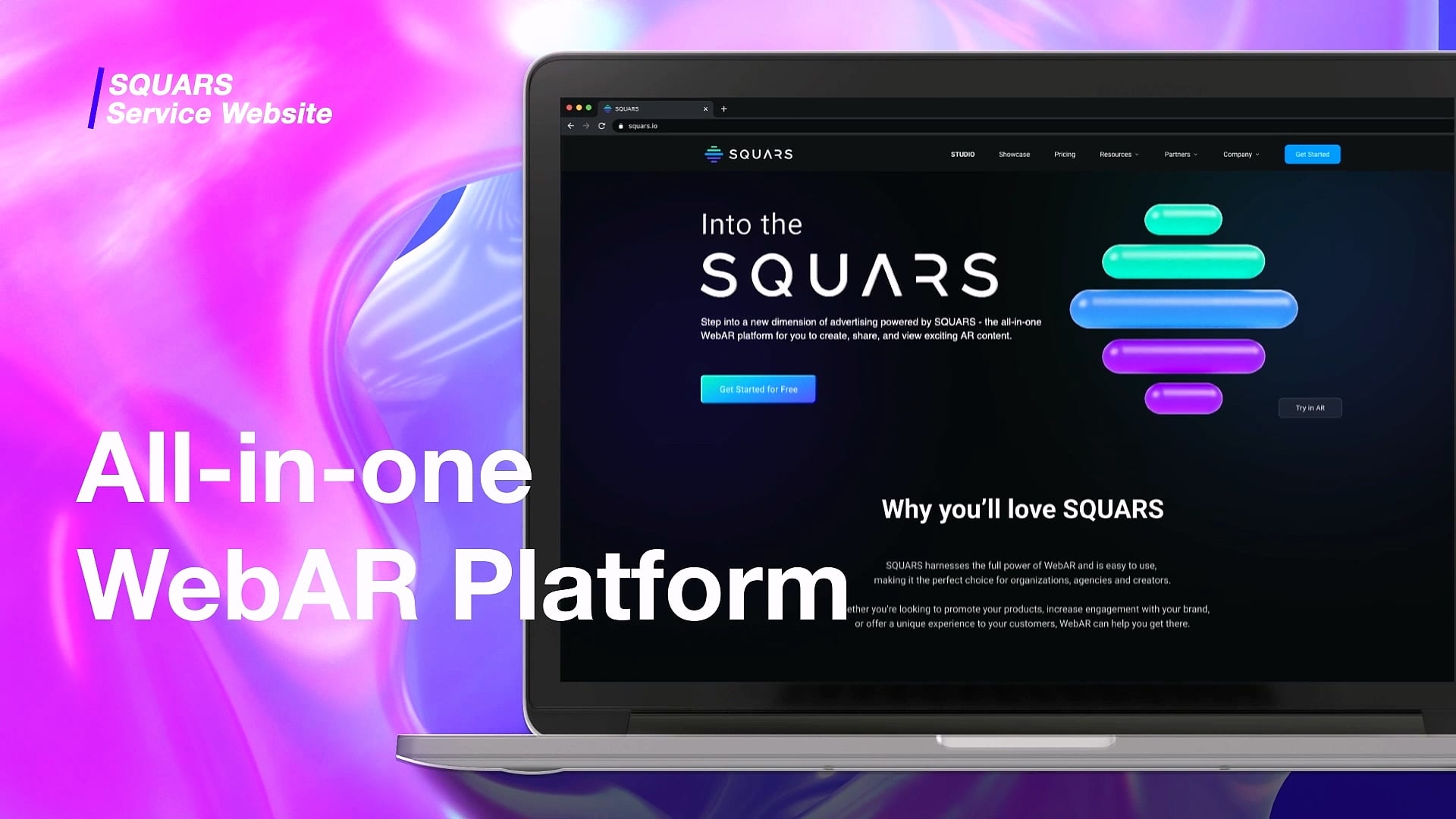 A laptop showing the SQUARS website beside the words “All-in-one WebAR Platform”.