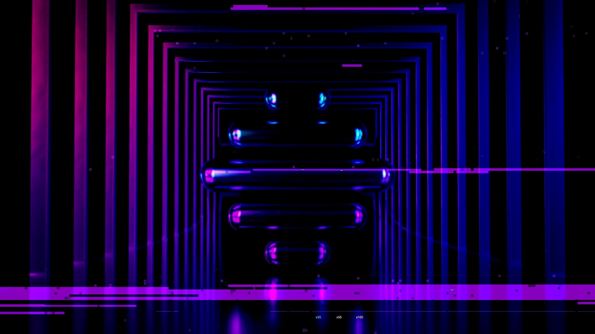 A neon tunnel of nested square frames in purple and blue.