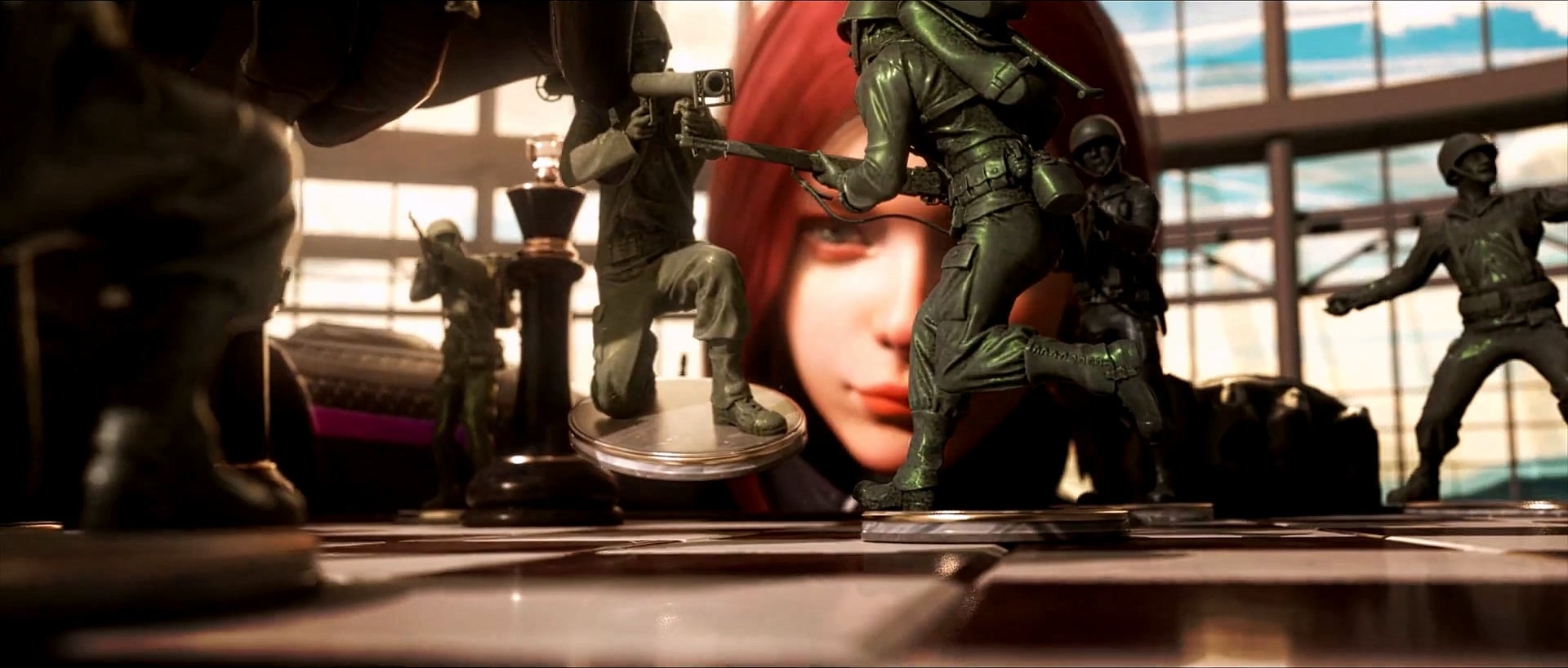 A red-haired character behind toy soldiers and chess pieces on a board, low camera angle.