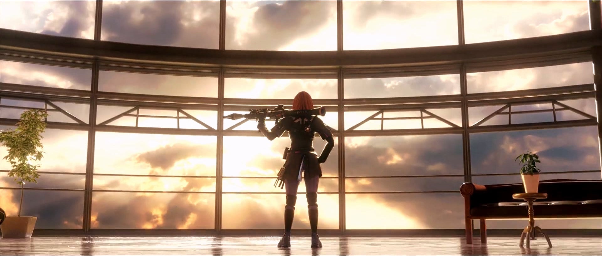 A silhouetted character with a launcher on her shoulder in front of tall windows at sunset.