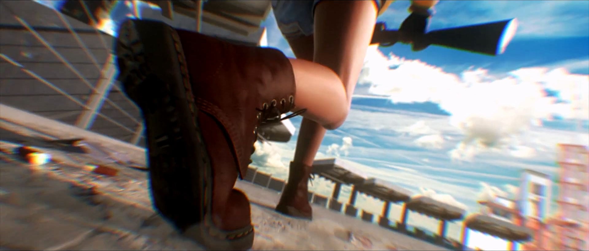 Low-angle view of a running character carrying a weapon across a rooftop.