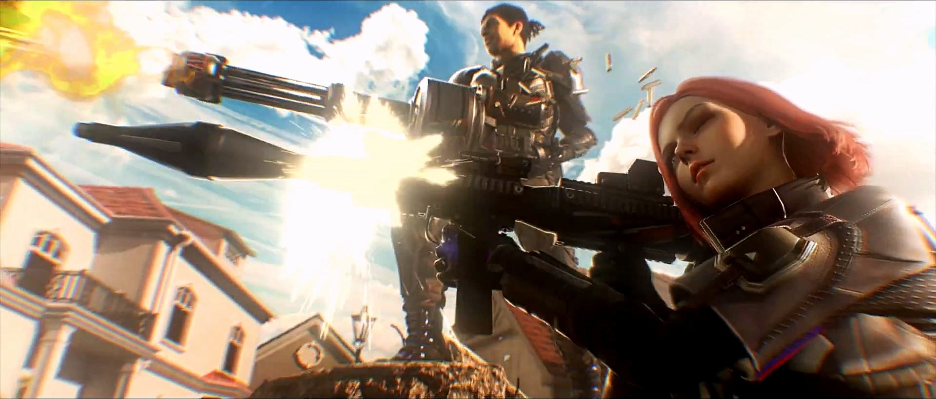 Characters firing a minigun and rifle in a sunlit street, low angle.