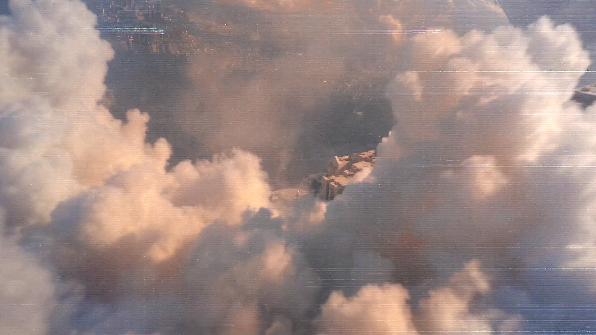 A floating rock among towering clouds.