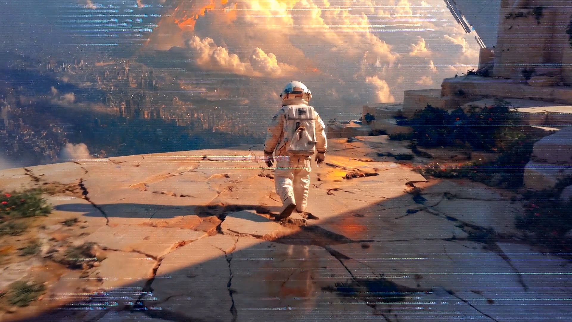 An astronaut walking across a cracked stone plateau high above a city and clouds.