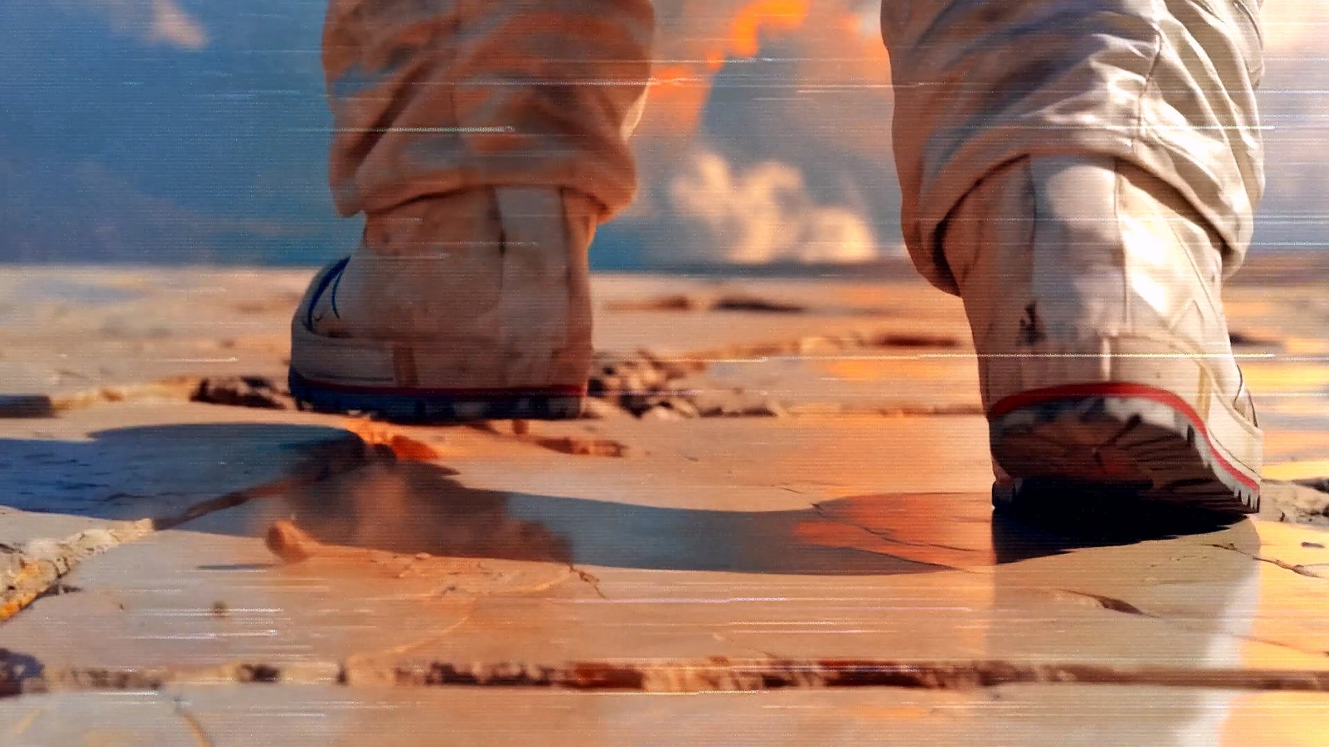 Close-up of an astronaut’s boots on cracked, sunlit stone.