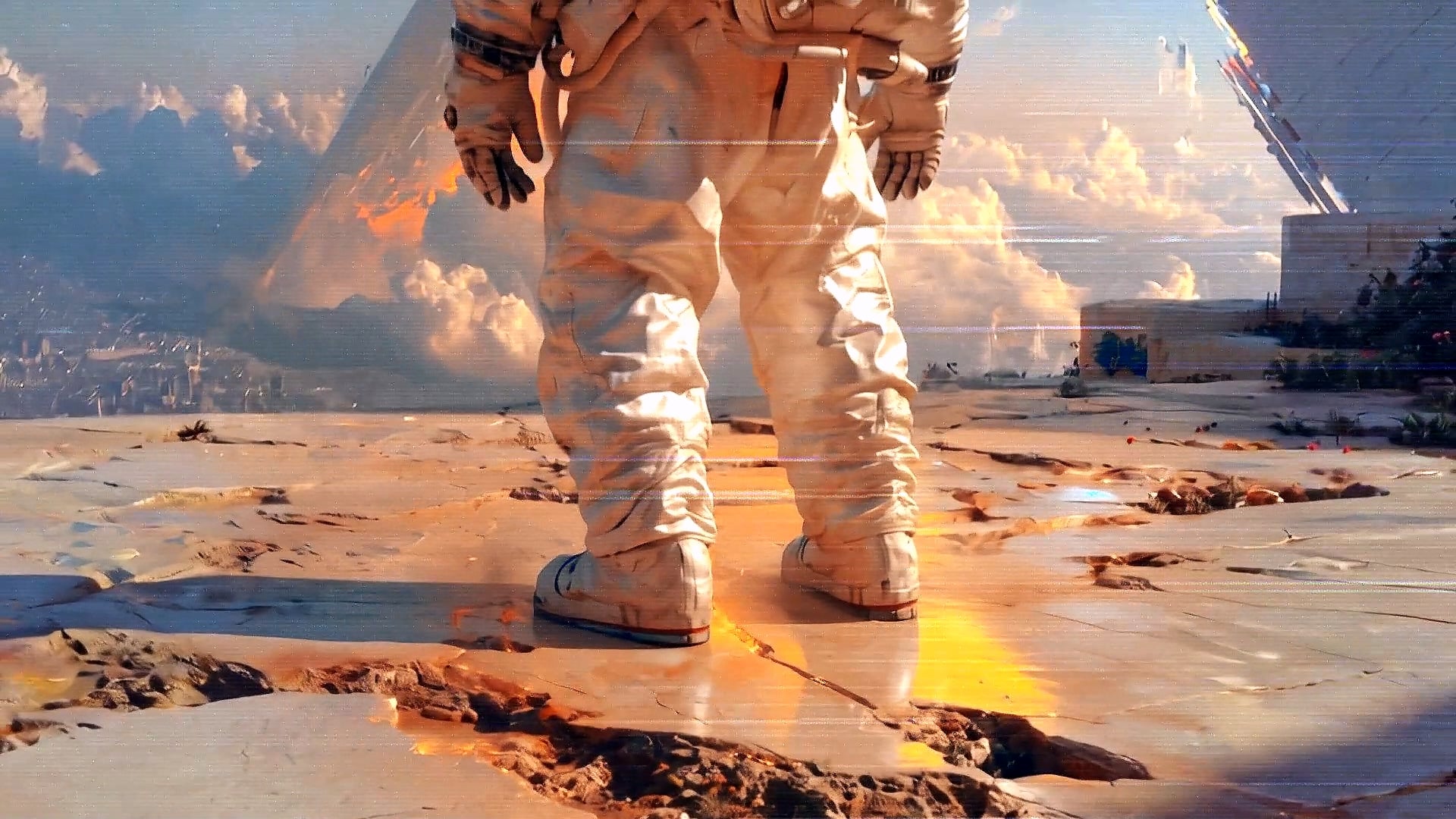 An astronaut’s legs and boots on the plateau, the triangular structure behind.