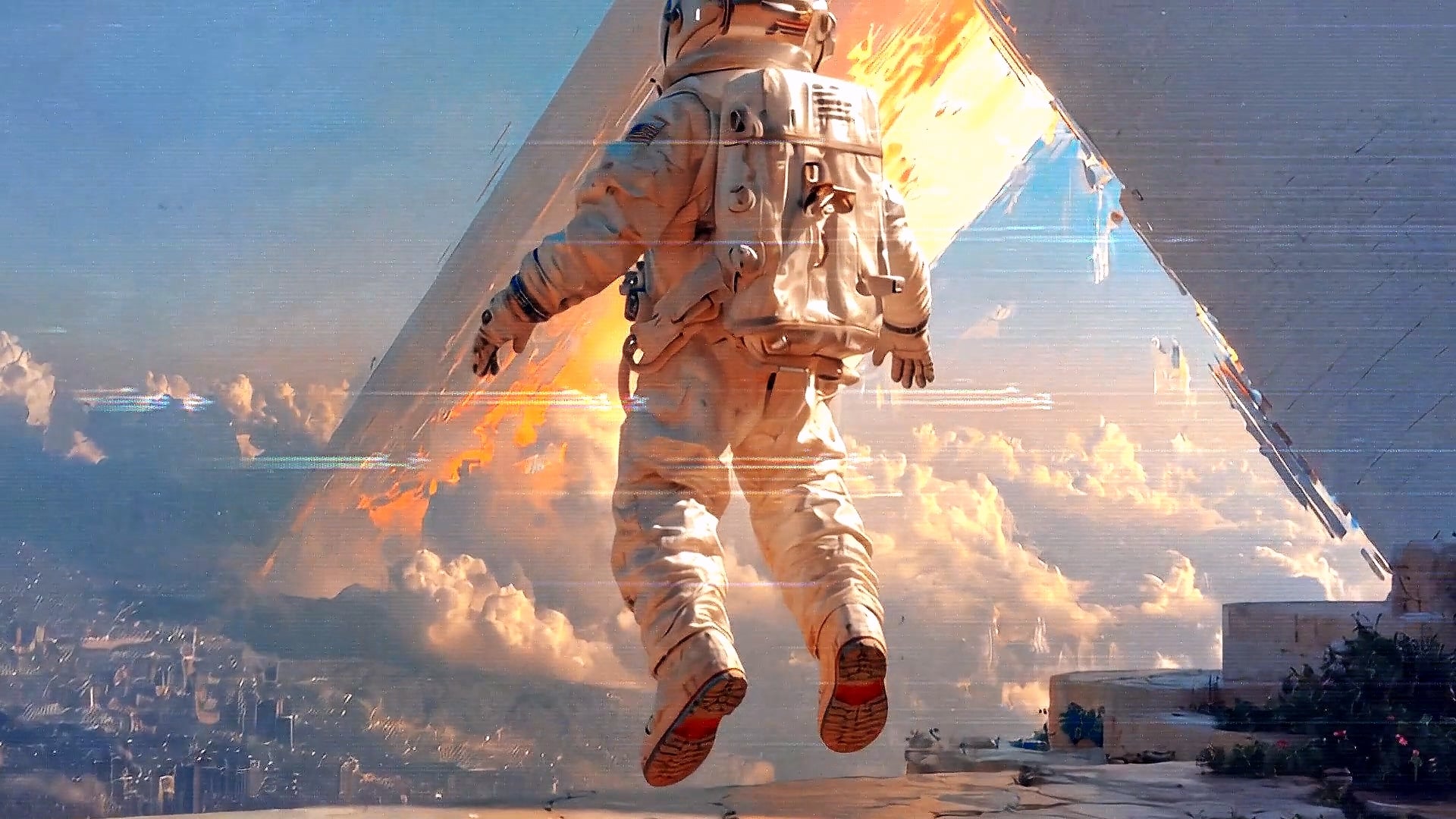 An astronaut floating up from the ground in front of the triangular structure.
