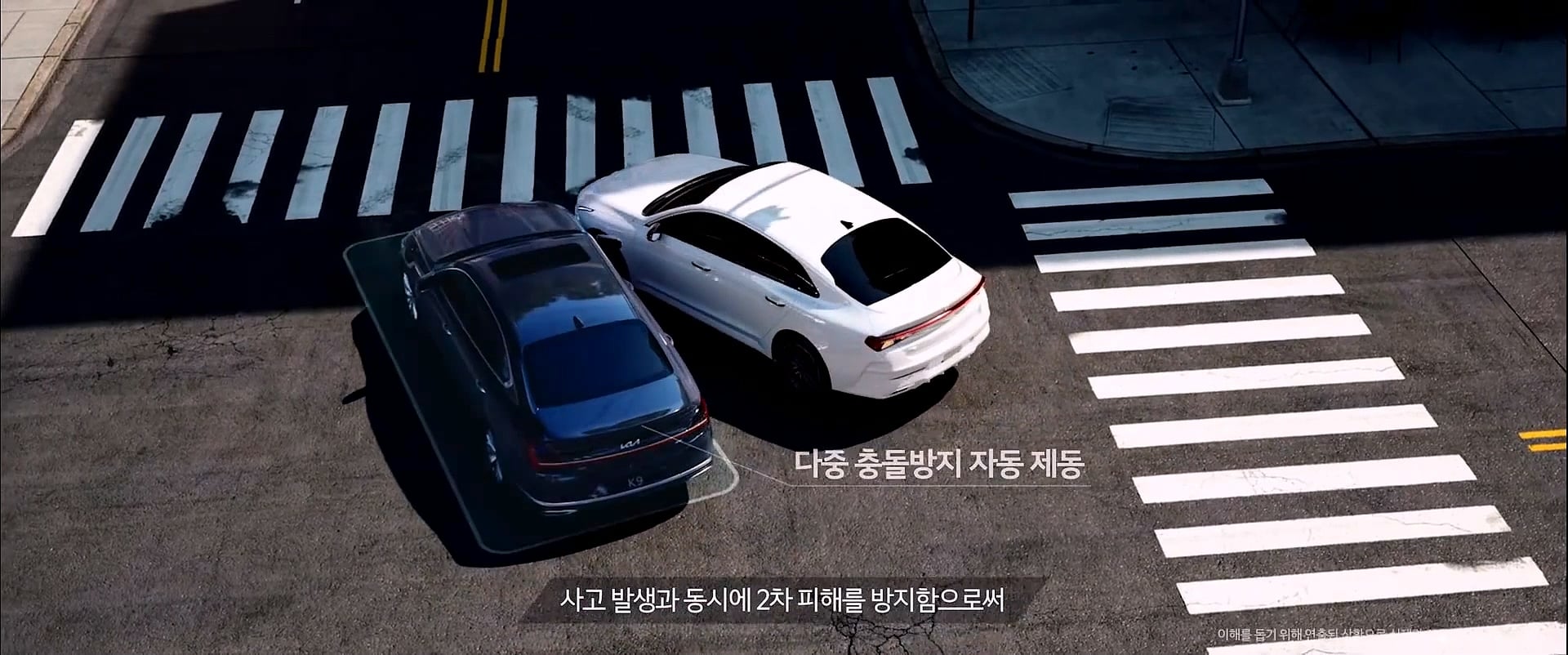 Two vehicles shown in a CG road scenario for the Multi-Collision Brake visualization.
