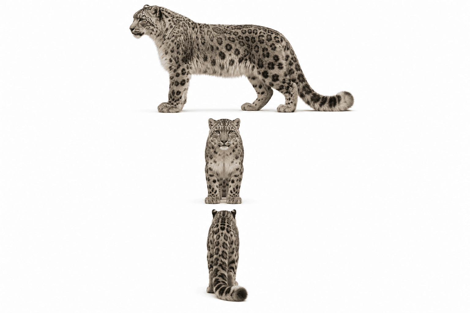 Snow leopard turnaround from side, front and back
