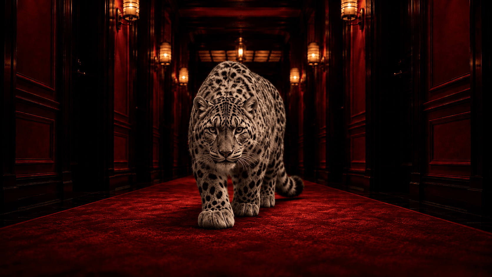 A snow leopard walking down the same red hallway