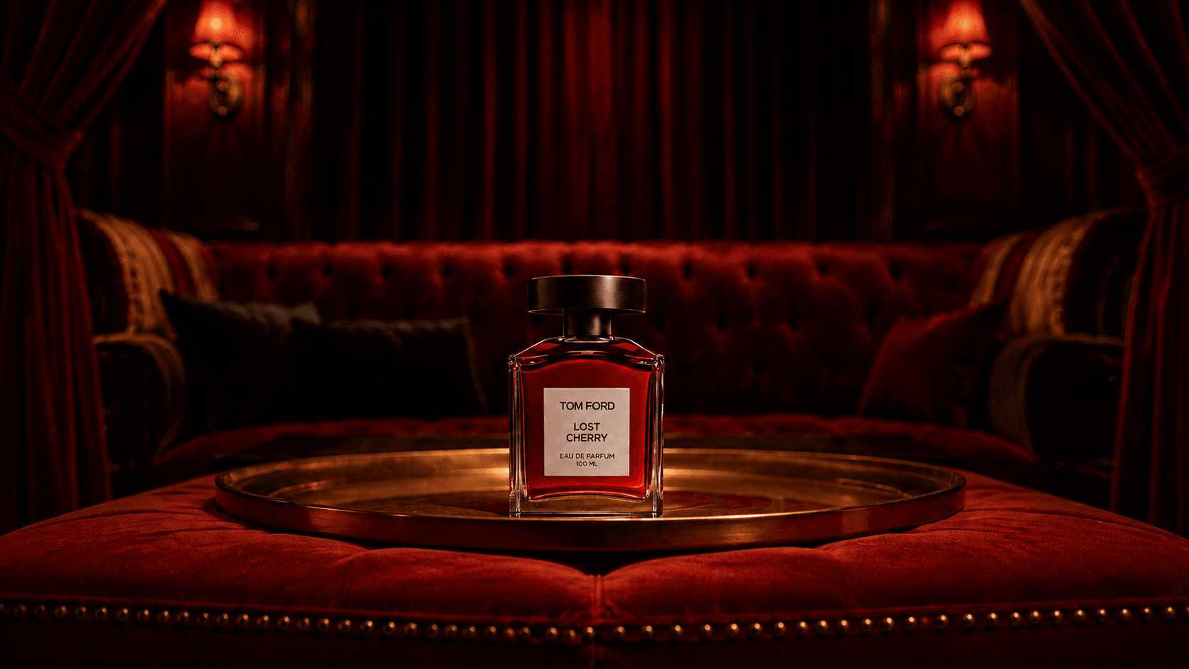 The Lost Cherry bottle on a brass tray on a red velvet sofa