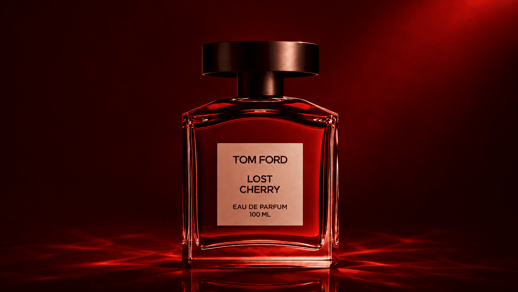 The Lost Cherry bottle glowing on a red set