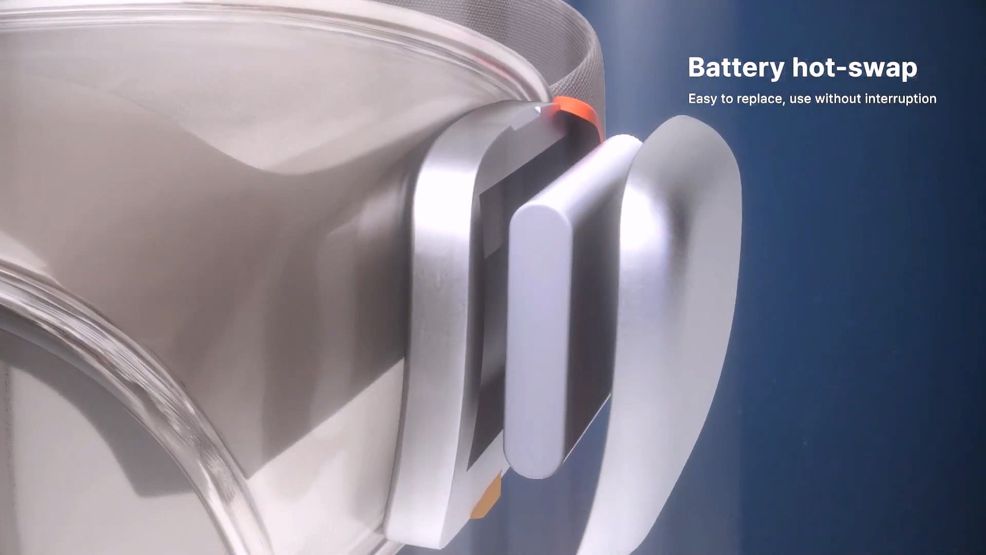 The battery module sliding out of the goggles’ side housing.