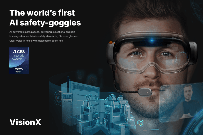 CES 2025 Innovation Awards recognition graphic for VisionX, showing a person wearing the goggles and the CES Innovation Awards 2025 Honoree badge.