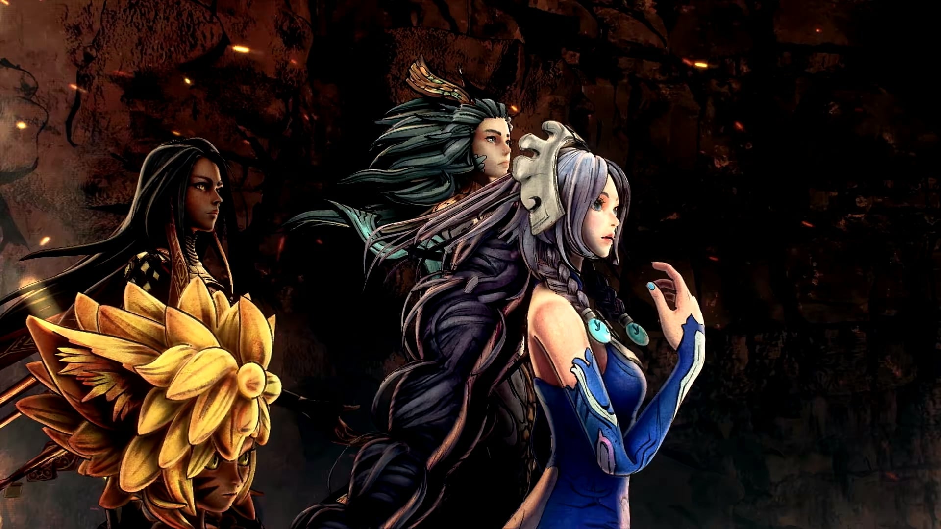 Three characters in profile against a dark background with golden petals.
