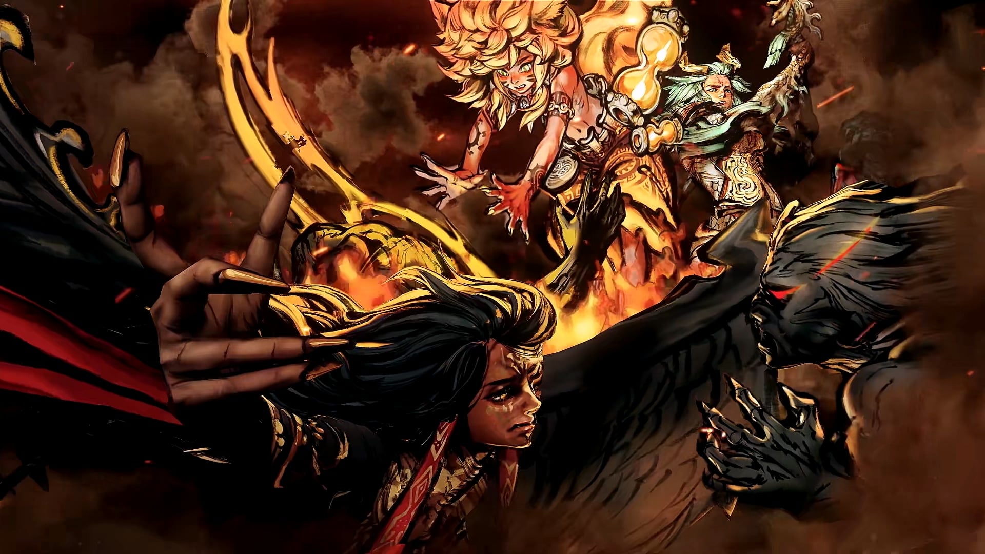 Characters clashing amid fire and dark feathered wings.