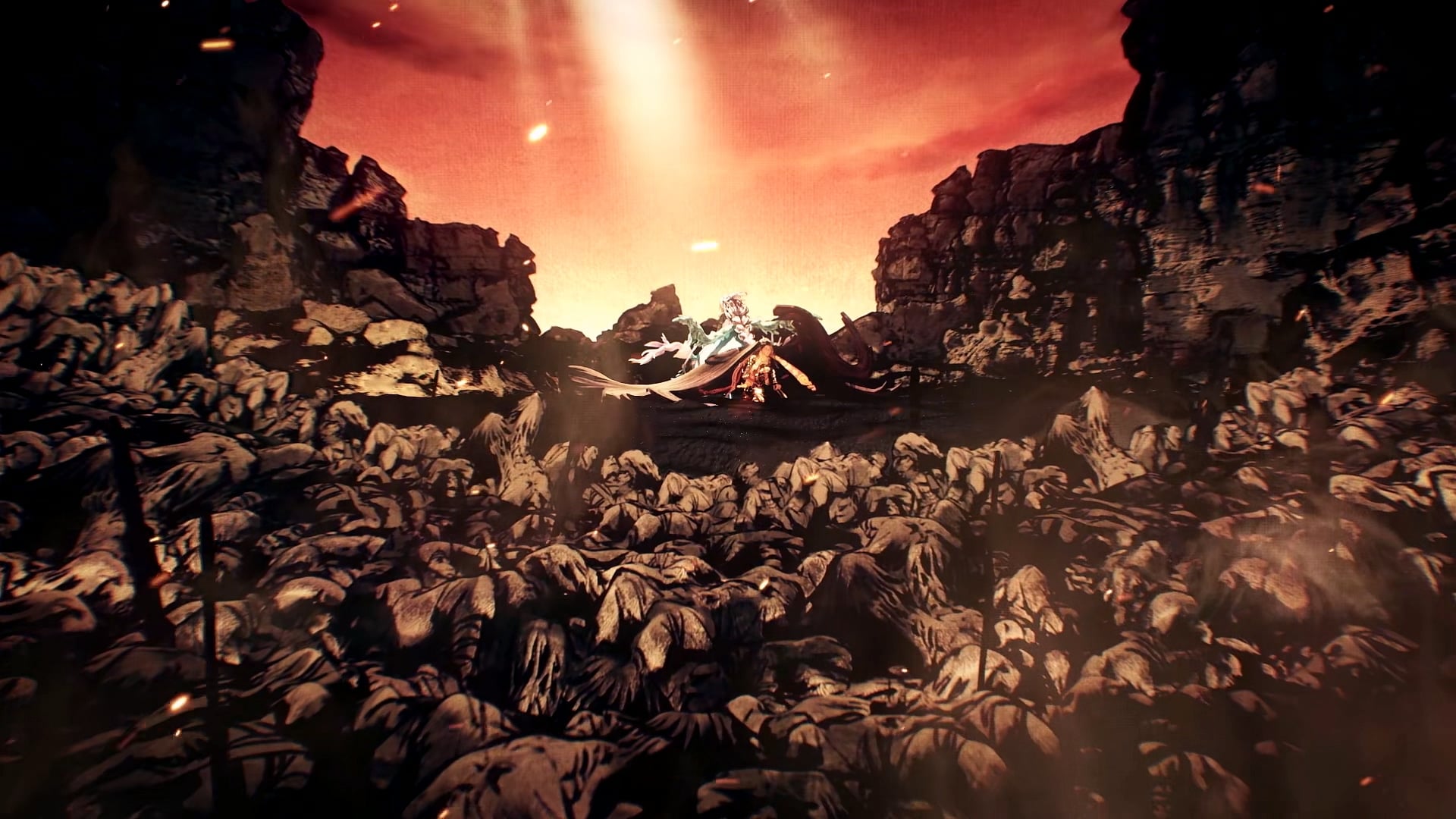 A rocky canyon lit by shafts of red light, with a small figure in the distance.