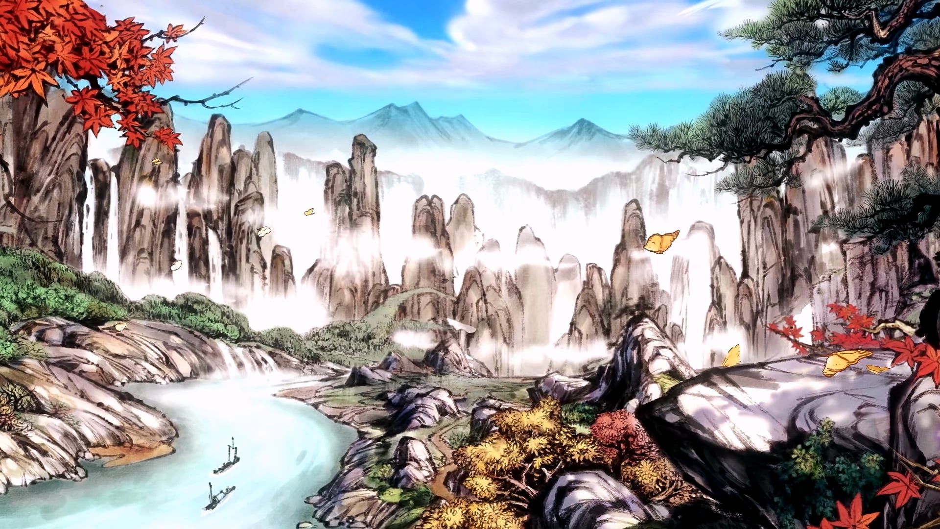 A painterly landscape of waterfalls, cliffs and red autumn trees.