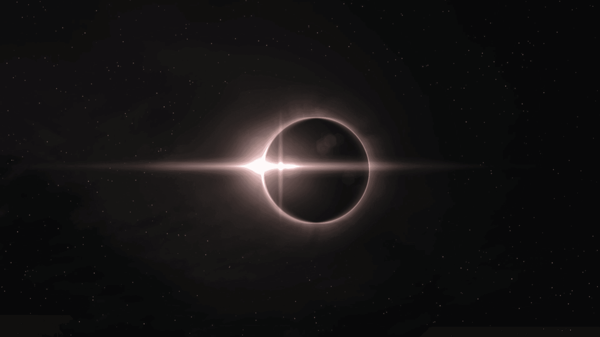 A dark eclipse surrounded by a thin ring of light against a star field.