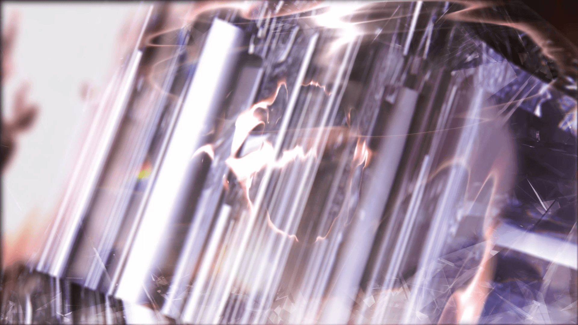 Close-up of faceted crystal columns refracting light.