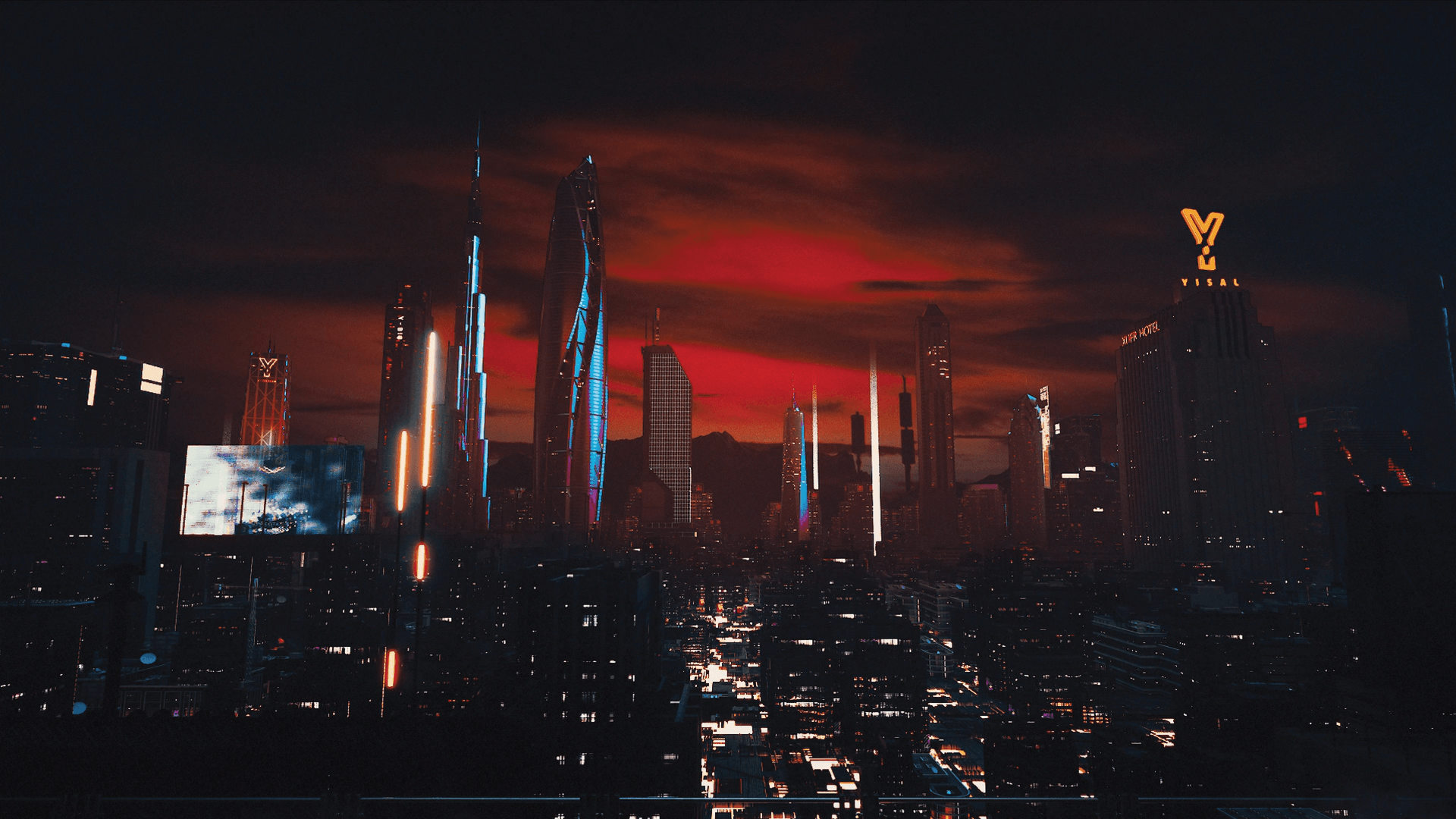 A dark futuristic cityscape beneath a red illuminated sky.