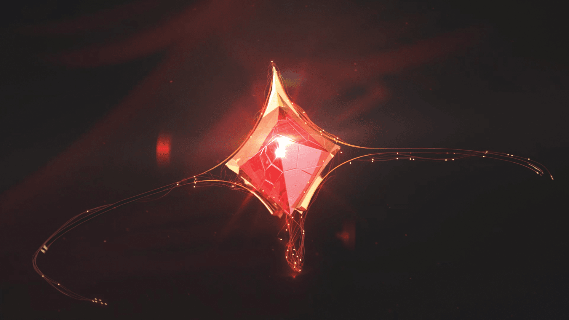 A glowing red faceted crystal surrounded by fine luminous strands.