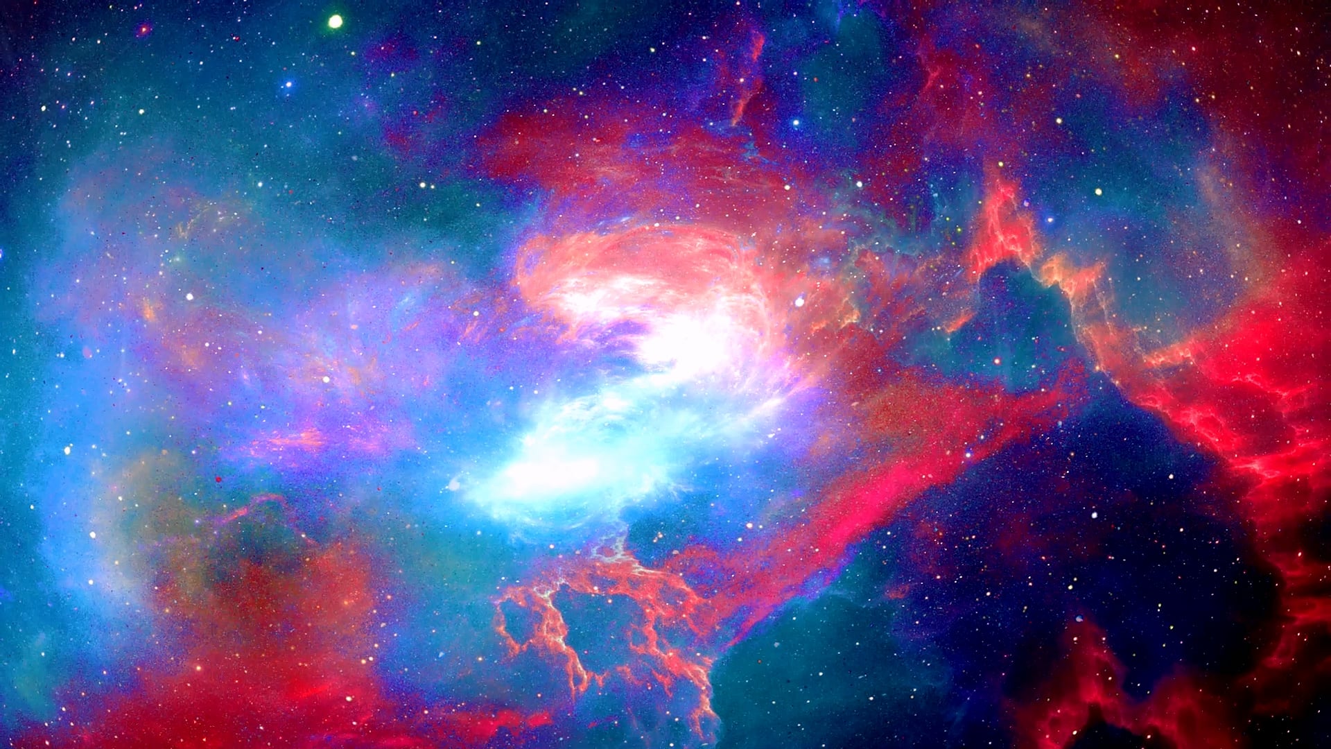 A colourful nebula in red, blue and white.