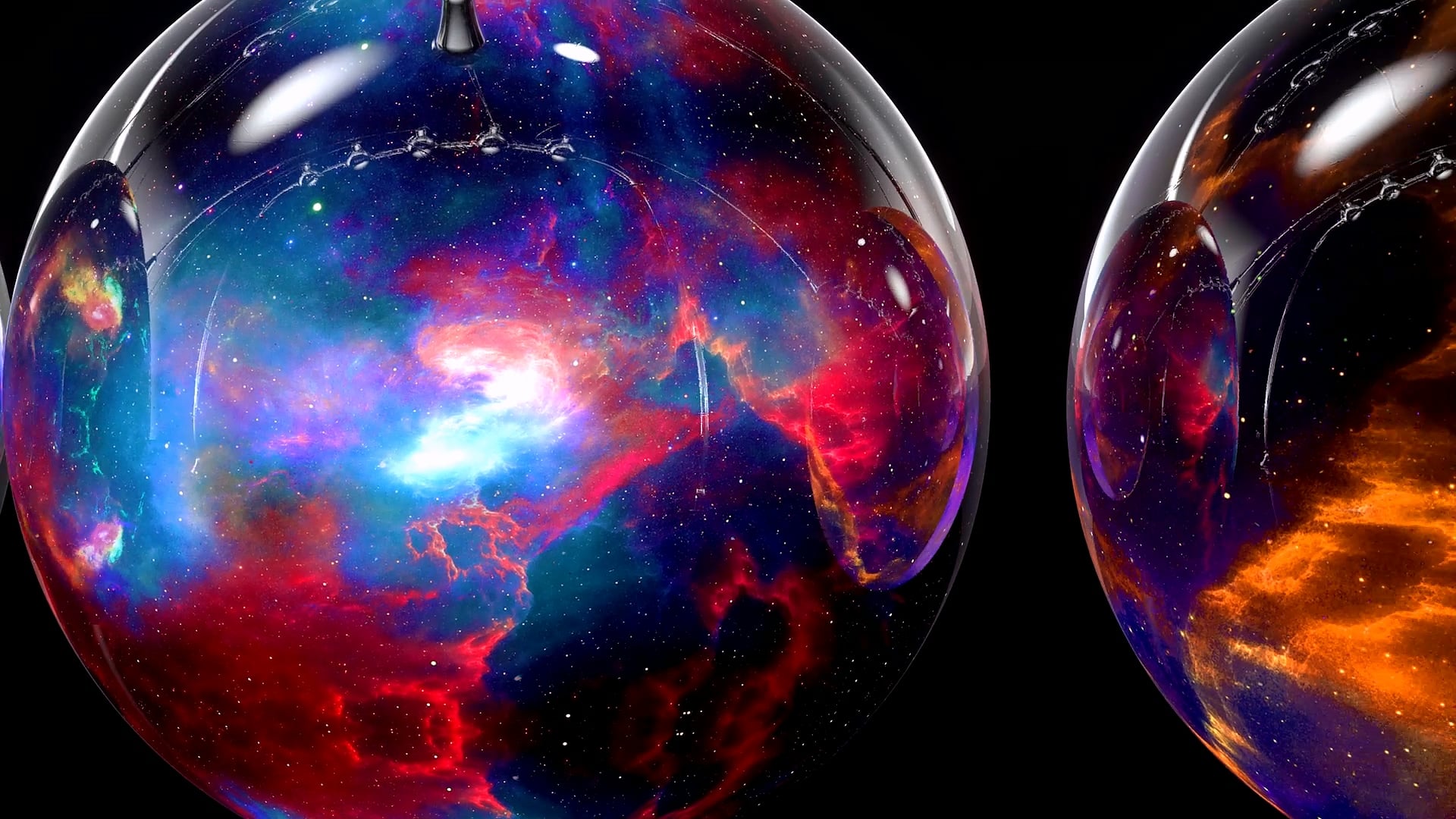 Glass spheres reflecting a colourful nebula.