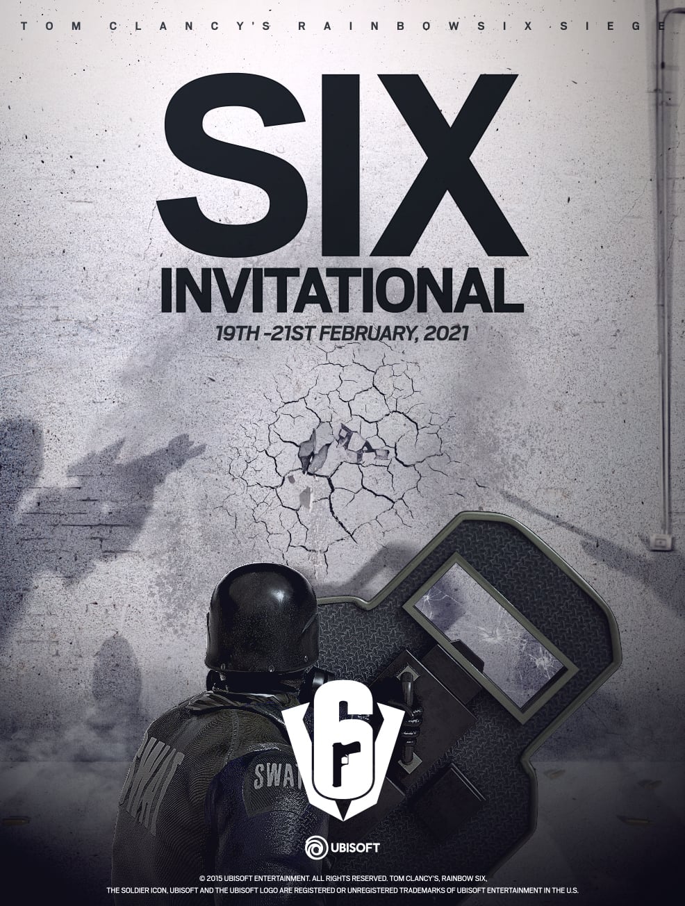 Rainbow Six Invitational 2021 poster featuring a tactical operator with a shield beneath the SIX Invitational event title.