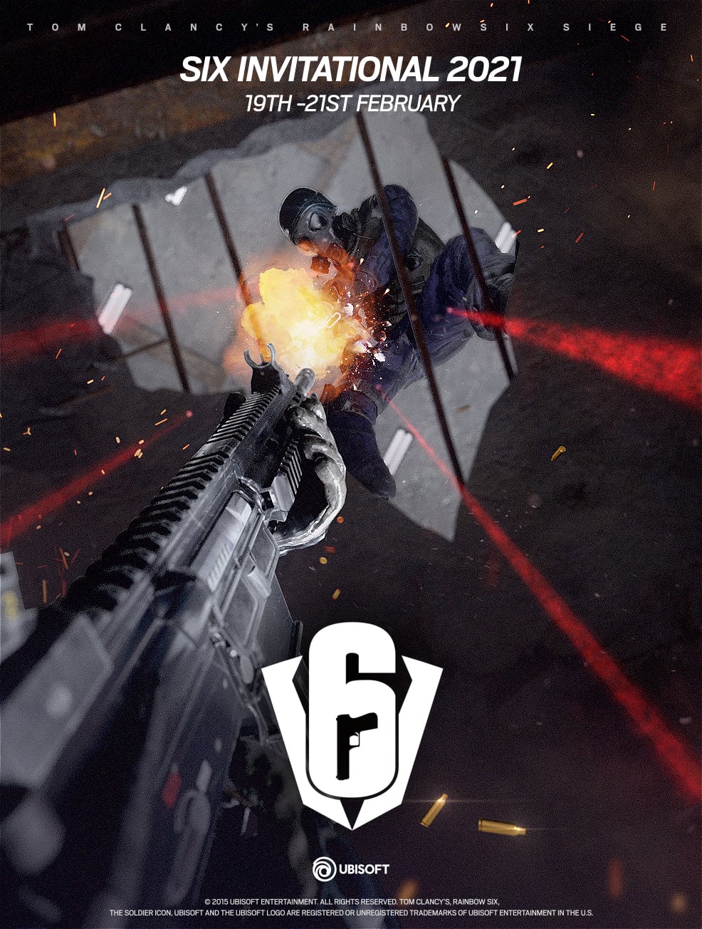 Rainbow Six Invitational 2021 poster using a first-person weapon perspective, tactical character imagery and red graphic accents.